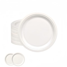 yayafunfun 7inch White Paper Plates Compostable Plates,50Pcs Sturdy Sugarcane Party Paper Plate,Eco-Friendly Super Rigid Biodegradable Bagasse Plates,Heavy Duty Strong Disposable Plates for Party