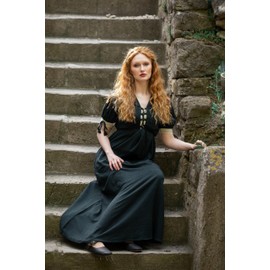 Leonardo Carbone Medieval Lysa Women's Short Sleeve Dress with Lacing Cotton, Green / Natural