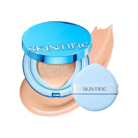 SKINTIFIC Base Cushion Velvet Matte, Polvo Ultra Cover Azul, control de grasa por 12 horas, ligera, de larga duración, resistente al agua, maquillaje coreano en cushion (03 Petal)
