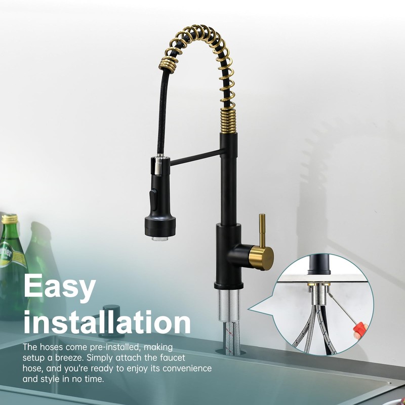 GIMILI Black and Gold Kitchen Faucet with Soap Dispenser Single