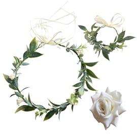 EPCDBBRT 1 Piece Of Green Leaf Garland, 1 Piece Of Green Leaf Bracelet, 1 Piece Of White Rose Hairpin, Simple Forest Headband, Bridal Headwear, Photo Accessories