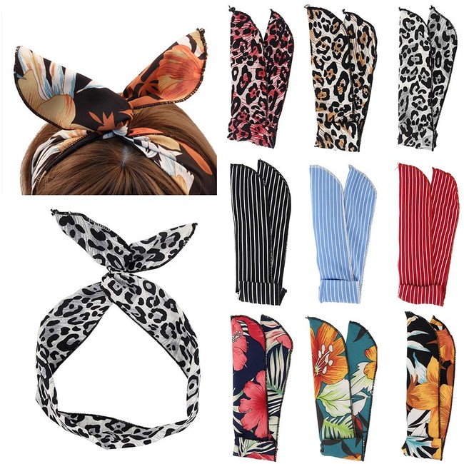 Carede Women Cheetah Print Wire Headband Rabbit Ears Hairband Wired Hair Tie Scarf Head Wrap/Assorted 9 Colors