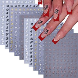 10 Sheet Retro English Letters Nail Stickers 3D Self-Adhesive Black White Gold Silver Nail Art Stickers Old Alphabet Cursive Nail Decals for Nail Art Decoration Pegatinas Uñas Letter Nail Supplies