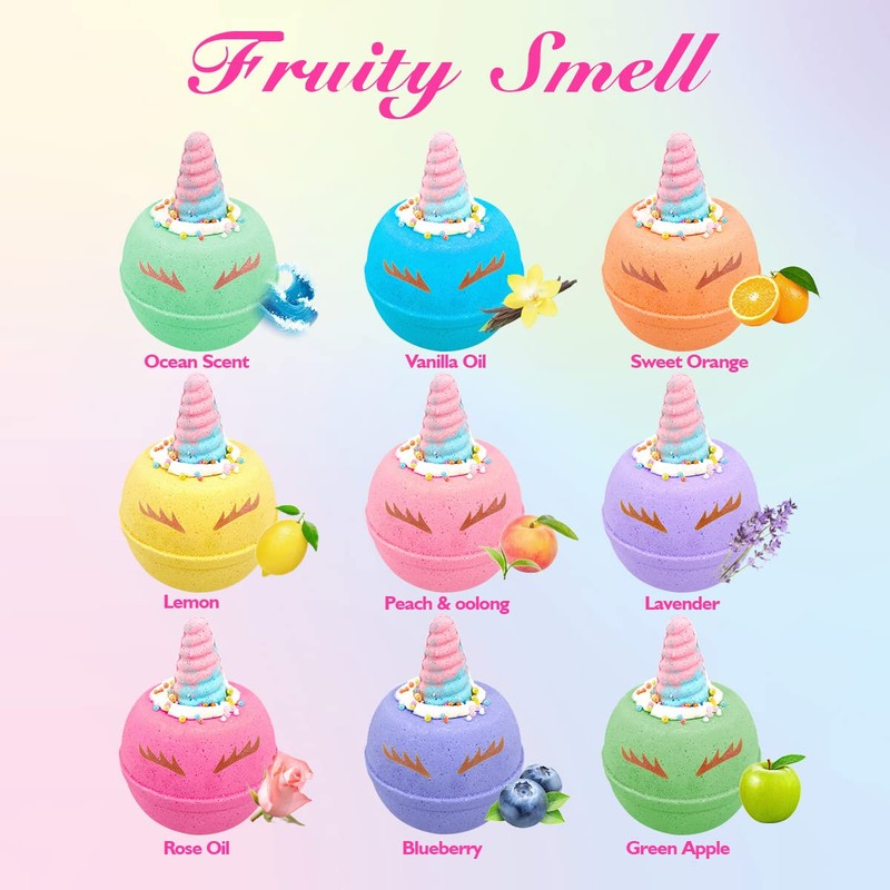 Unicorn Bath Bombs for Kids, 9 Large Kids Bath Salts