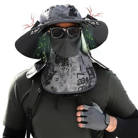 Solar Fan Hat, Wide Brim Solar Fan Outdoor Fishing Hat with Removable Neck Flap and Face Cover for Fishing, Hiking, Camping Grey