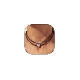 Stringex Bohemian Heart Beaded Suede Choker Necklace for Women Trendy Brown Leather Double Layered Adjustable Necklace Retro Beach Holiday Vacation Jewelry Gifts (Brown)