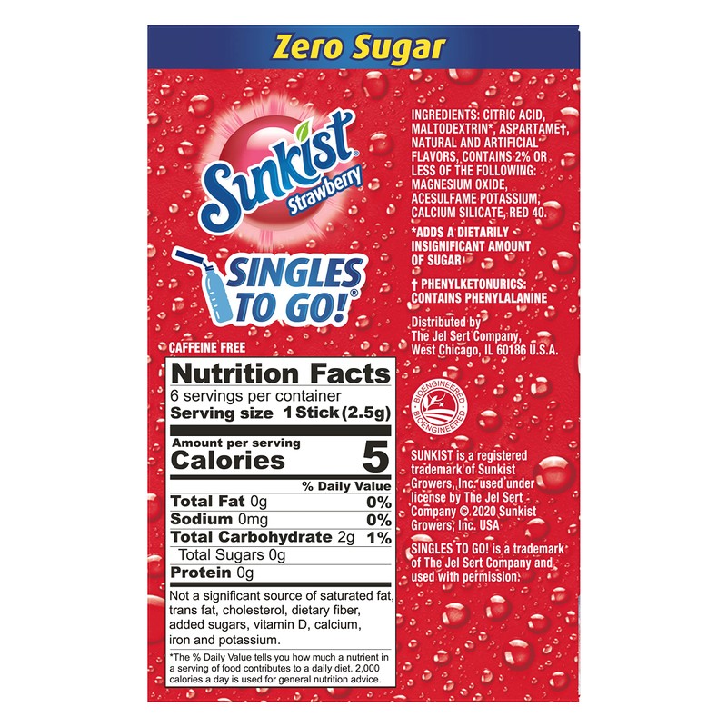 Sunkist Singles-To-Go Drink Mix, Strawberry, Non-Carbonated, Low-Calorie, Zero Sugar, 6