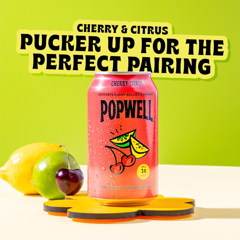 Popwell Cherry Citrus Better-For-You Prebiotic Soda, with 6g Fiber, 1g