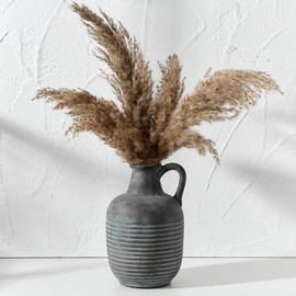 SIDUCAL Rustic Ceramic Farmhouse Flower Vase with 1 Handle-Height 8.43" Terracotta Vase, Unique Textured Pottery Flower Vases for Home Decor, Table, Wedding, Living Room, Shelf Decor, Bronze Black