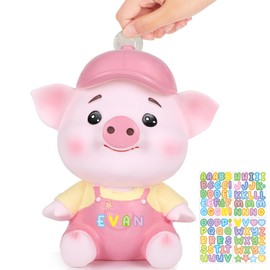 Briuhap Piggy Bank for Kids, Unbreakable Resin Piggy Bank for Boys Girls with DIY Alphabet Stickers, Great Gifts for Birthday, Christmas, Baby Shower (Pink)