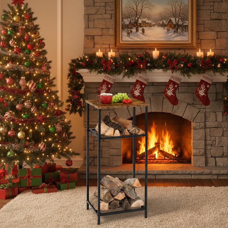 Fiwochic 2-Tier Winter Firewood Rack with Tabletop 4 Hooks Indoor