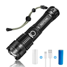 KEPEAK LED Flashlight USB Rechargeable, High Lumens Tactical Flashlights 5000, Zoomable, 5 Modes, Waterproof, with 18650 Battery & Cable for Camping, Outdoor, Emergency