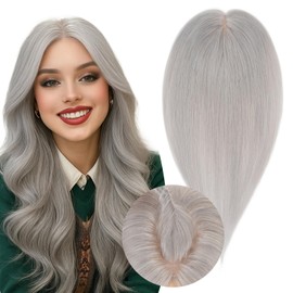 SEGOHAIR Real Human Hair Toppers for Women 3.54"*4.72" Silky Base 150% Density No Bangs Adjustable Parting Clip-In Topper Hairpieces for Women with Thinning Hair 14 Inches Silver Grey