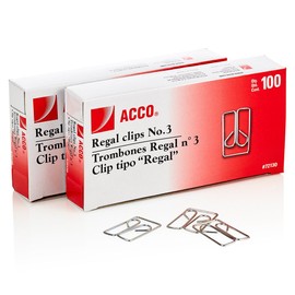 ACCO Regal Clips/Owl Clips, Smooth Finish, #3 Size, 100/Box, 2-Pack (200 Clips Total) (A7072152)