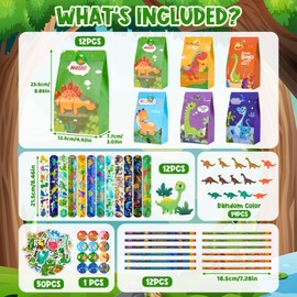 HGRGHH Pack of 100 Dinosaur Party Bags Children's Birthday Party Bags with Snap Bracelet, Pencils, Dinosaur Eraser, Dino Stickers, Give Aways Children's Birthday Boys for Dino Children's Birthday