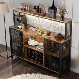 Large Bar Cabinet with Drawer Storage, Rustic Long Wine Cabinet with LED Lights, Farmhouse Wood Metal Liquor Cabinet with Wine Rack and Glass Goblet Holder, Sideboard Buffet for Kitchen,Dining Room