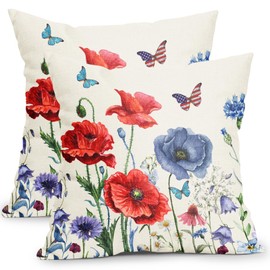 4th of July Pillow Covers 18x18 Inch Red Blue Floral Patriotic Outdoor Decorative Throw Pillow Covers Set of 2 Independence Day Pillowcases Farmhouse Cotton Linen Cushion Covers for Couch Home Decor