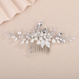 Teyglen Silver Leaf Wedding Pearl Hair Comb with Crystal Headpiece Bridal Rhinestone Hair Comb for Bride Wedding Hair Accessories for Women Bridesmaid Party Prom (Silver)