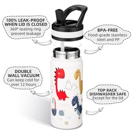 Fanhaw 18oz Insulated Water Bottle with Straw - Stainless Steel Double Wall Vacuum Cup, Leakproof, BPA Free, Suitable for Boys and Girls(White - Cute Dinosaur)