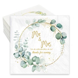 Snyvpra Pack of 40 Wedding Napkins, 3-Ply 33 x 33 cm, White Love Mr & Mrs, Elegant Wedding Napkins with Eucalyptus Design, Perfect for Wedding Table Decoration and Celebrations