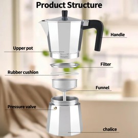 Mongdio Stovetop Espresso Maker Moka Pot, Cuban Coffee Maker, Italian Espresso Greca Coffee Maker, Stove Top Coffee Maker, 6 Espresso Cups, 10 oz - Silver