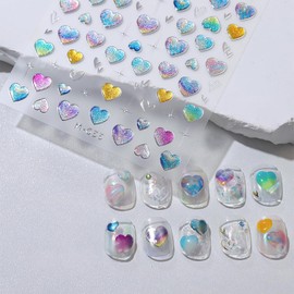 1Pcs 5D Embossed Heart Nail Art Stickers Self Adhesive Valentines Nail Decals Holographic Glitter Love Heart Nail Decoration Supplies Star Nail Stickers for Women Valentine’s Day Nail Design Charms
