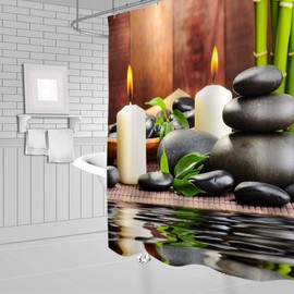 Lileihao Polyester Fabric Shower Curtain Spa Decor by Bathroom Zen Garden Theme Decor View for Bathroom Magical Japanese Design Relaxation Bamboos Candles, Green Yellow