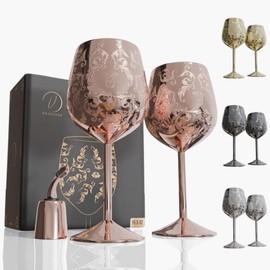 vaanshie 17oz Stainless Steel Wine Glasses [Set of 2]–Rose Gold Royal Goblets with Intricate Baroque Engravings, Unbreakable and Shatterproof Wine Cups with Bottle Stopper for Travel
