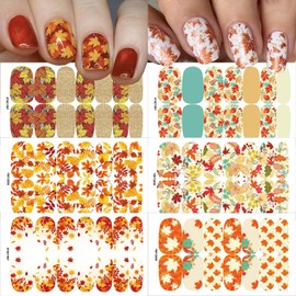 6 Sheets Fall Gel Nail Stickers Self-Adhesive Maple Leaf Nail Polish Strips Self-Adhesive Autumn Leaves with Glitter Full Wrap Nails Stickers Thanksgiving Nail Decals for Women Nails Design DIY