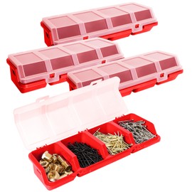 RMERVE 4 Pcs Screw Organizers, Stackable Bins with Lids Plastic Hardware Organizer Box with Compartment Bolt Organizer Plastic Divided Storage Containers for Garage Tools Nails Small Parts (RED)
