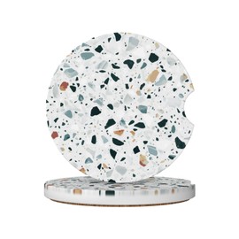 Car Coaster for Cup Holders,Italian Floor Venetian Natural Coaster 2PCS Absorbent Ceramic Coaster for Drinks, Cute Car Assecories for Women Men, Universal Size 2.56" with Finger Notch & Cork Base