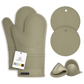 Rorecay Silicone Oven Mitts and Pot Holders Sets: Heat Resistant Silicone Oven Mittens with Mini Oven Gloves Hot Pads Potholders for Kitchen Baking Cooking, Quilted Liner, Martini Olive