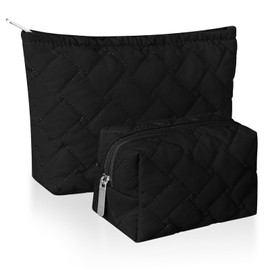 Huhumy 2 Pieces Quilted Makeup Bag Cosmetic Bag Preppy Travel Makeup Bag Toiletry Bag for Women Cute Puffer Makeup Pouch for Purse Zipper Makeup Bag Organizer Small Portable Skincare Bag(Black)