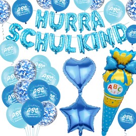 Einschulung Deko Blau, Schulanfang Deko Einschulung Junge, Hurra Schulkind Deko Ballon Girlande Banner, ABC Zuckertüte Folienballon, Deko Schulanfang für Einschulungsfeier, Schuleinführung Party Deko