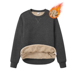 MAGCOMSEN Long SleeveTops Ladies Soft Sweatshirts Womens Crewneck Sherpa Lined Heavyweight Warm Cotton Pullover Sweater for Winter Dark Grey