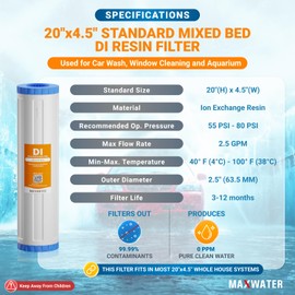Max Water 20" BB Whole House Refillable Mixed Bed De-Ionization Water Filter Size 20" x 4.5" Compatible with 20" BB Whole House Water Filtration Systems for High TDS in Water (1x car/window)