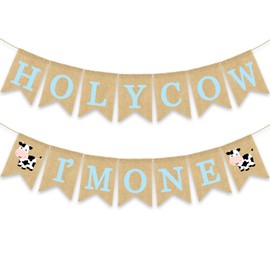Gankbite Holy Cow I'm One Banner Farm 1st Birthday Party Decoration Barnyard Burlap Garlands Western Boy First Birthday Supplies Blue