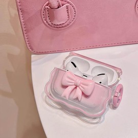 Beownest Case for Airpods Pro/Pro 2 Cute Wave 3D Colour Bow Design Soft Clear TPU Protective Shockproof Cover with Keychain for Girls Women -Pink