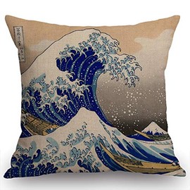 Swono Hokusai The Great Wave Throw Pillow Case Cushion Cover Cotton Linen 18x18 Inches for Sofa Couch