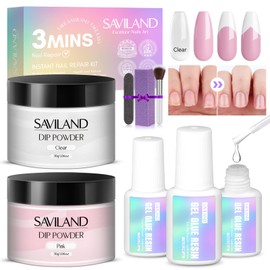 Saviland Dip Powder Kit for Nail Repair - Pink & Clear Dip Powder Nail Glue for Dipping Powder Nail File for Nail Strengthener for Thin Nails and growth No Curing Need Easy To Use Home & Salon Use