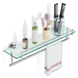 KOCOK 20-Inch Floating Tempered Glass Bathroom Shelf with Towel Bar - Chrome Polished & Stainless Steel, Wall Mount
