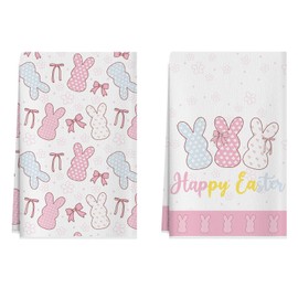 BOTB LIHM Happy Easter Flowers Bunny Pink Bow Rabbits Spring Kitchen Towels Dish Towels 18x26 Inch Home Decorations Hand Towels Set of 2 Drying Dishcloth