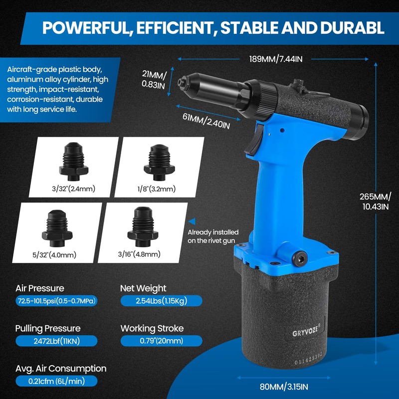 GRYVOZE Pneumatic Rivet Gun Kit – Air Pop Riveter with