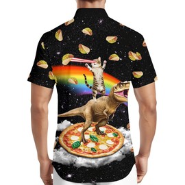 HIVICHI Funny Cat Dinosaur Hawaiian Shirt for Men Novelty Crazy Button Down Shirts, X-Large, Mhws-037217