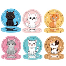 MaitianGuyou 60 Pack Cute Cat Themed Disposable Paper Plates, 7 Inch Round Party Supplies for Home Decor, Pet Lover Gifts, Kitchen Tableware, Assorted Colors (10 of Each)