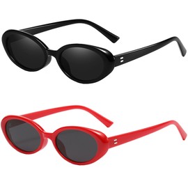 Teumire Retro Oval Sunglasses for Women Men 90s Style Vintage Small Sun Glasses UV400 Protection Shades(Black+Red)