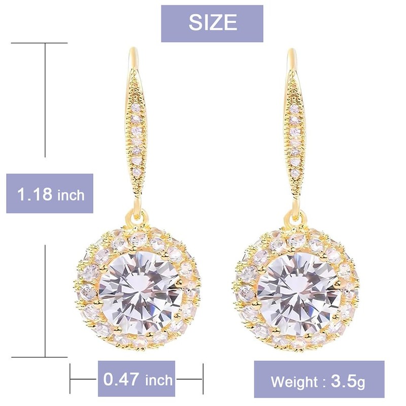 18K Gold Plated Dangle Earrings for Women with Brilliant Round