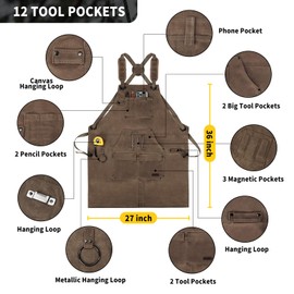 AOLEBA Woodworking Apron for Men,Tool Apron with 12 Tool Pockets,Heavy Duty Waxed Canvas Work Apron (Dark Brown)