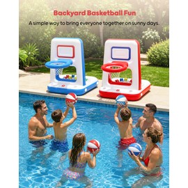 QPAU Pool Basketball Hoop with Built-in Cooler, 42" Poolside & Floating Inflatable Basketball Hoop for Family Pool Party — Swimming Pool Games for Kids & Adults, Includes 2 Balls & Pumps (Blue)