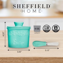Sheffield Home French Butter Crock with Lid - Home Butter Dish for Countertop - Dishwasher & Microwave Safe - 6oz Capacity - Includes Knife, Turquoise